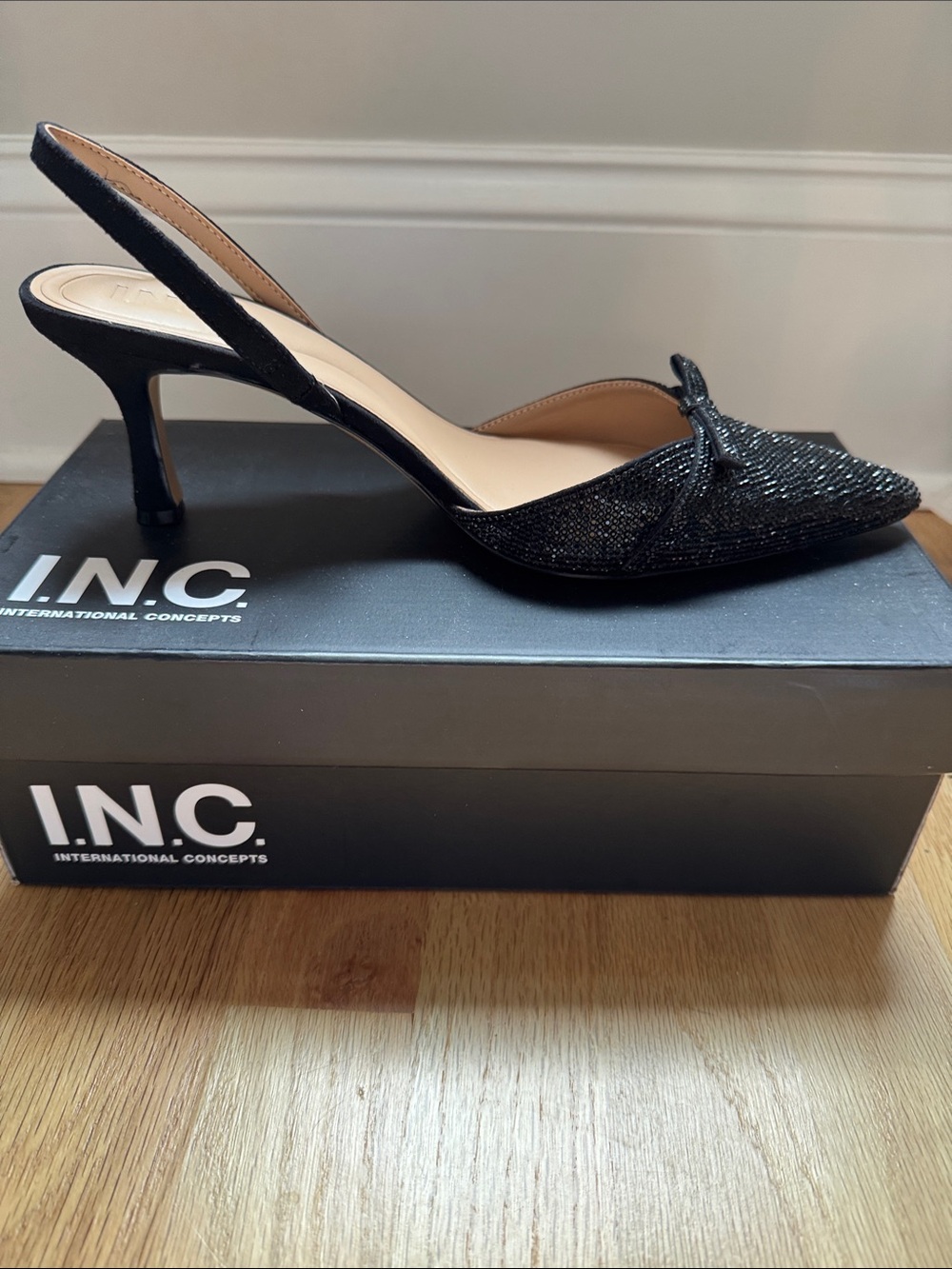 INC International Concepts Black Beaded Pointed Slingback Heels